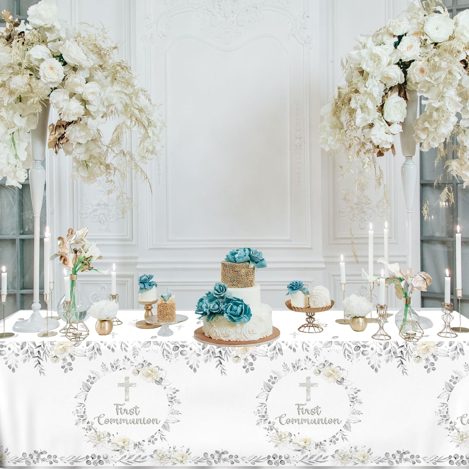 First Communion Tablecloth Decorations, 3Pcs Silver God Bless Baptism Tablecloths,First Holy Communion Cross Baptism Table Cover for Baby Shower First