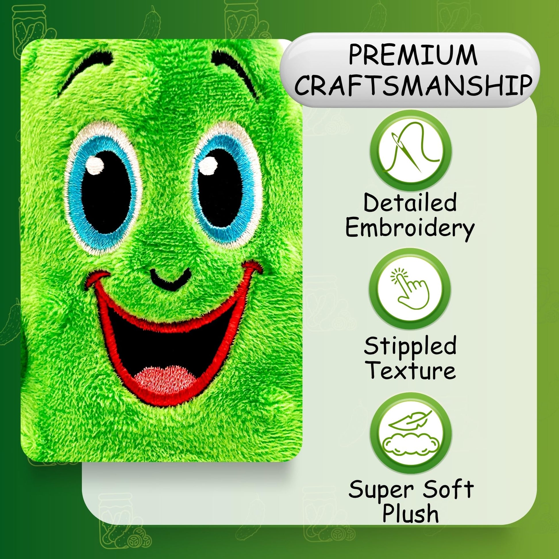 The GigglePickles - BrineStein 6” Plush Pickle - Shake for Giggle Sound (No Batteries) - Embroidered Funny Face - Textured Stipples, Top Loop