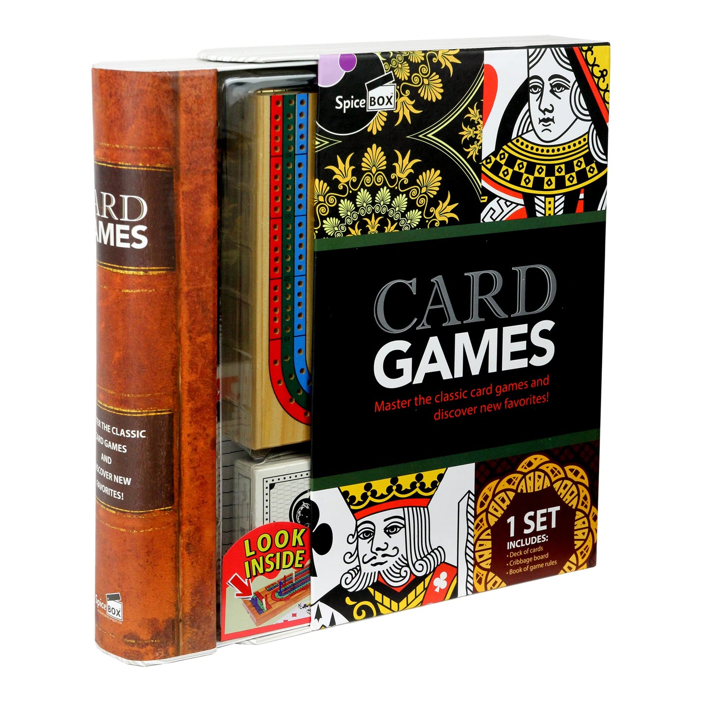 SpiceBox Classic Card Games for Adults and Kids, Fun Playing Cards Gift Set with Cribbage Board, Gin Rummy, 10 Classic Card Games Lessons