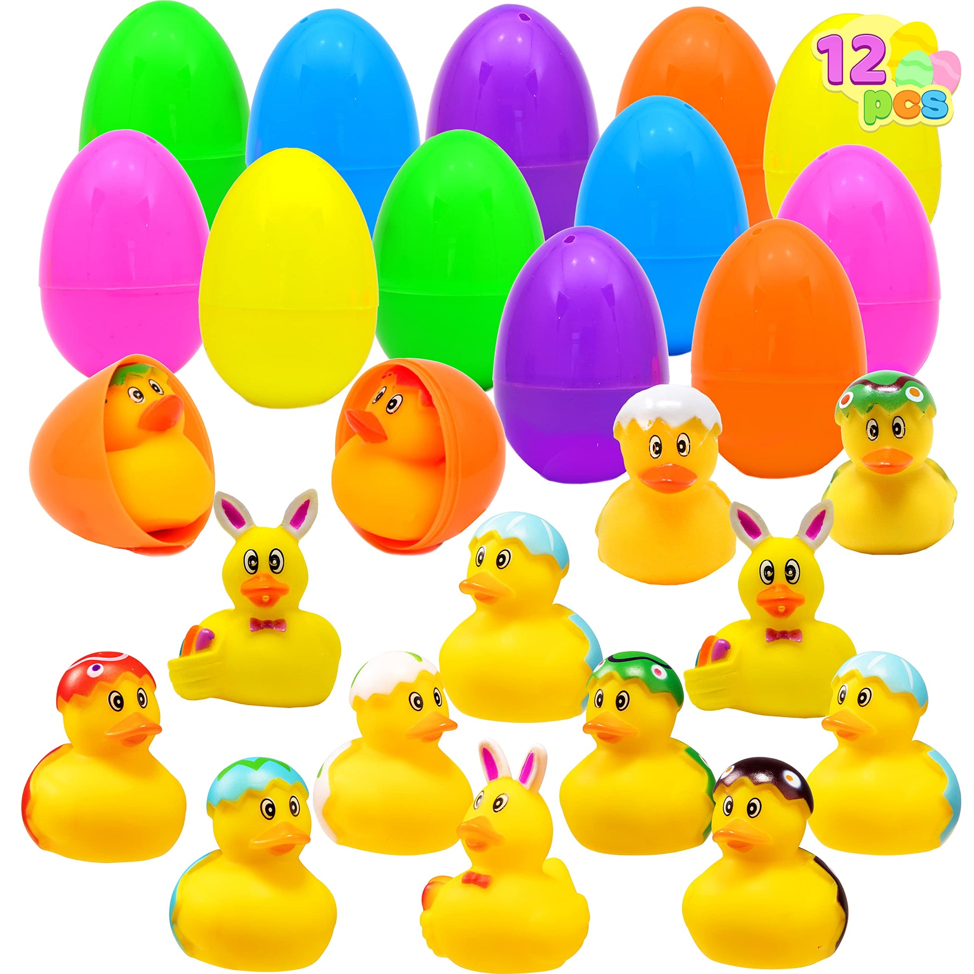 JOYIN 12 Pcs Filled Easter Eggs with Rubber Duck and Rabbit Duckies, Bright Colorful Prefilled Easter Eggs for Kids Fun Bath Toys, Basket Stuffers
