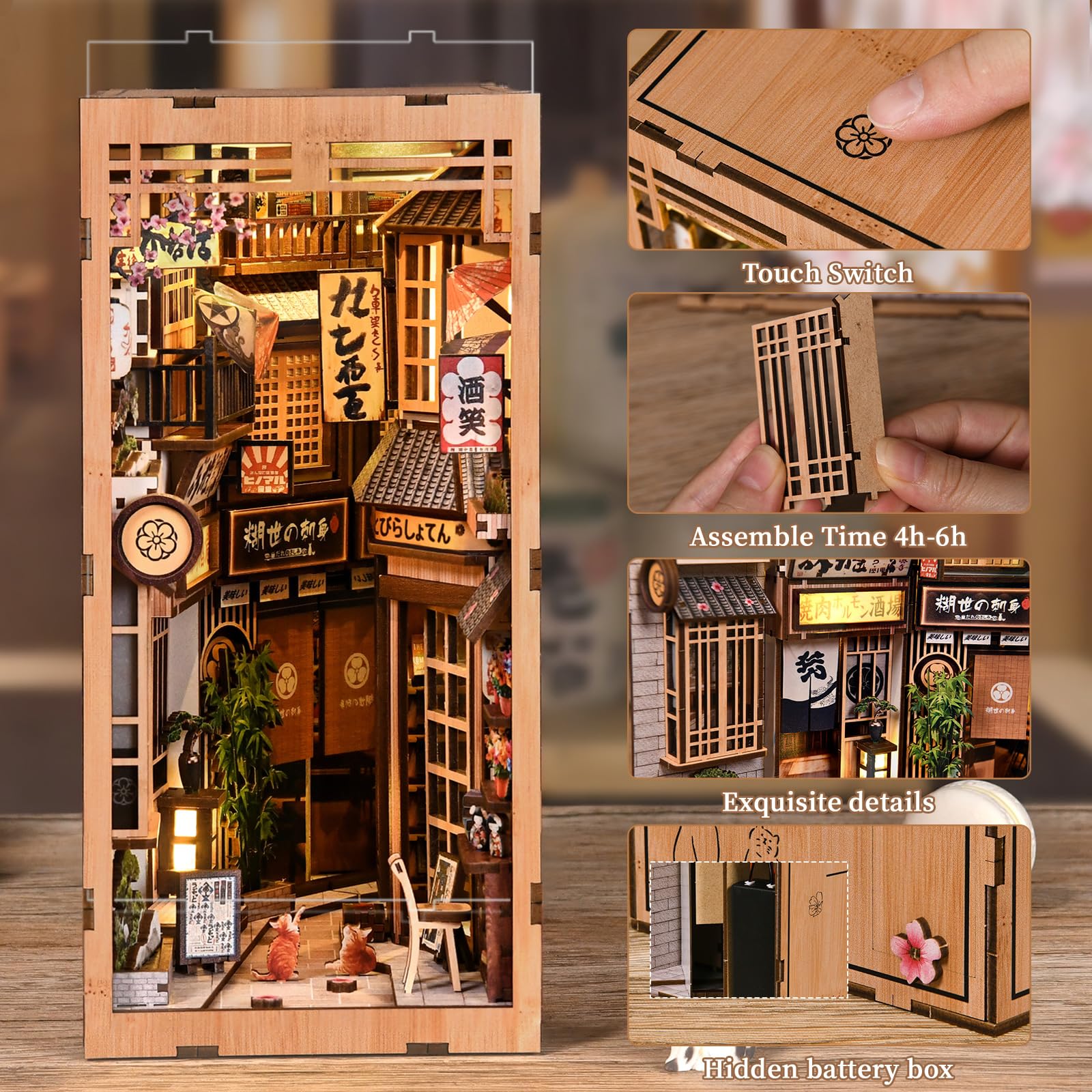 DIY Book Nook Kit, 3D Wooden Puzzle Bookend with LED Light, Japanese Street Alley Miniature House Model, Creative Shelf Insert Decor & Arts Crafts