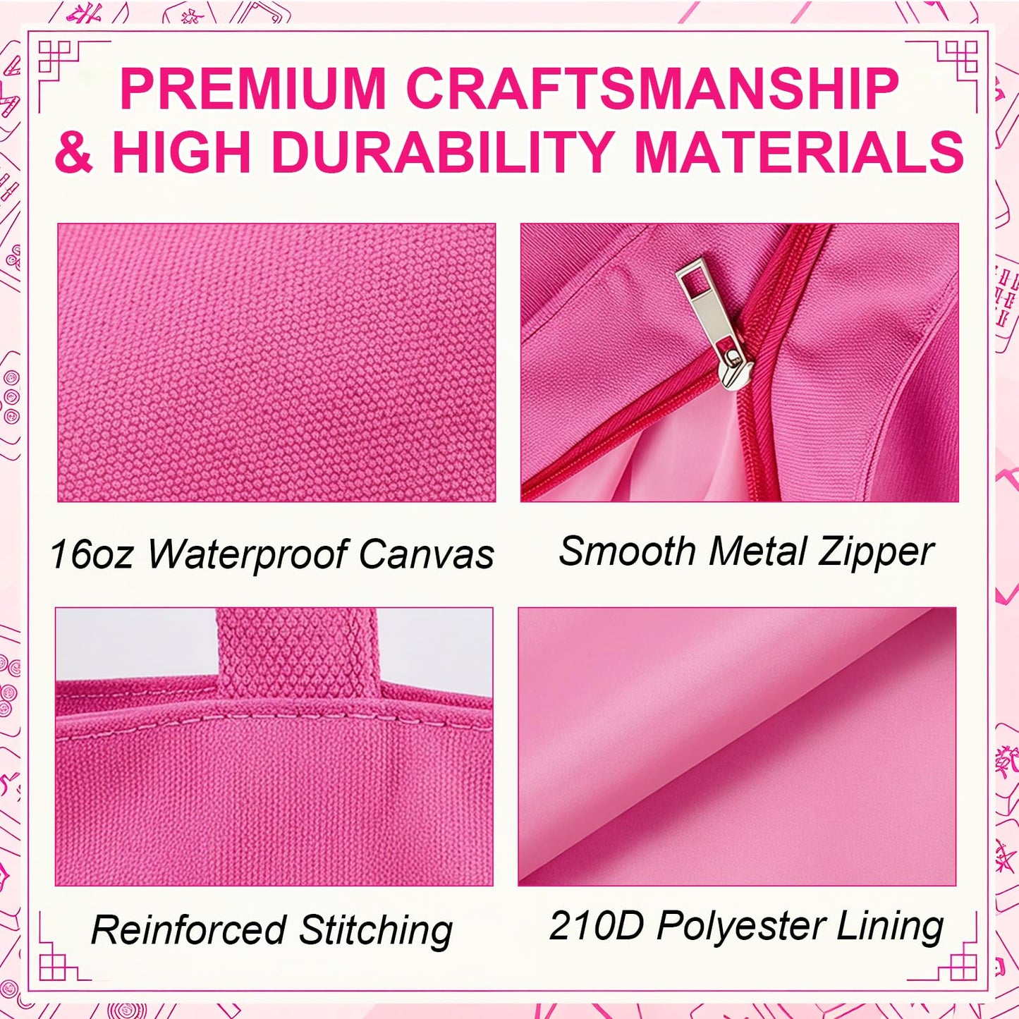 CTHMTMXS Rose Red Mahjong Bags for Tiles and Racks, 28x9 Inch Empty Mahjong Tote Bag with Zipper Closure and Outer Pockets, 16 OZ Canvas Waterproof