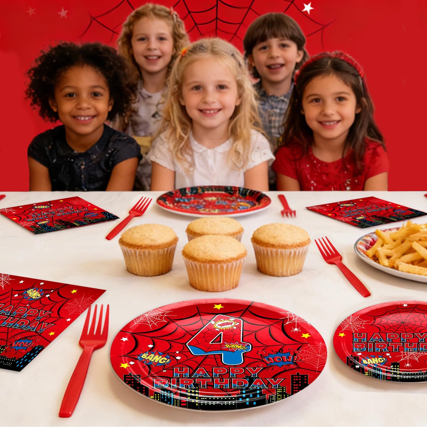 Red Spider 4th Birthday Party Supplies, Spider Web Birthday Plates Set Include Paper Plates, Napkins, Forks for Spider Themed Party Favors