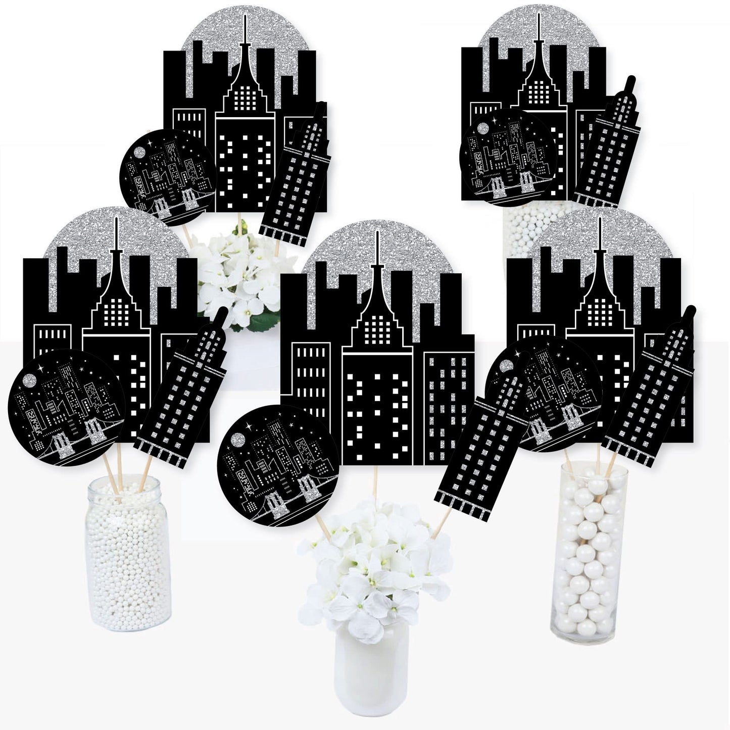 Big Dot of Happiness Nighttime City Skyline Party Centerpiece Kit - 15-Piece New York City Table Decorations Set, Premium Cardstock Design
