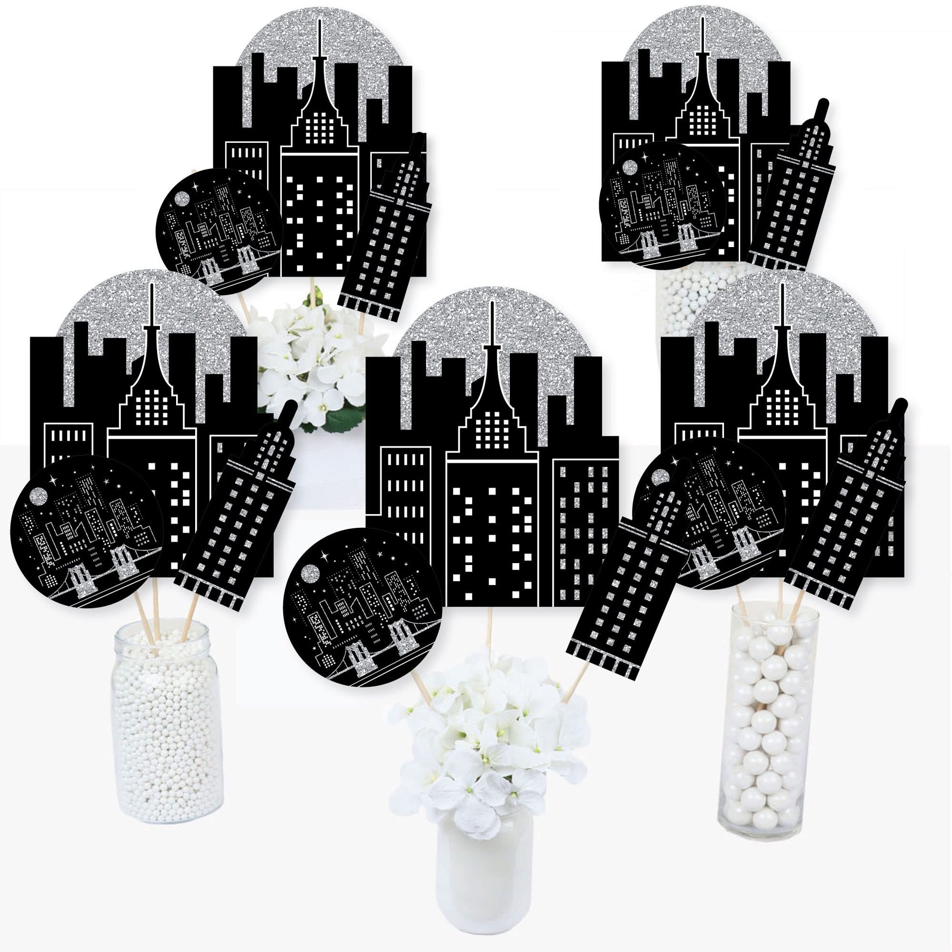 Big Dot of Happiness Nighttime City Skyline Party Centerpiece Kit - 15-Piece New York City Table Decorations Set, Premium Cardstock Design