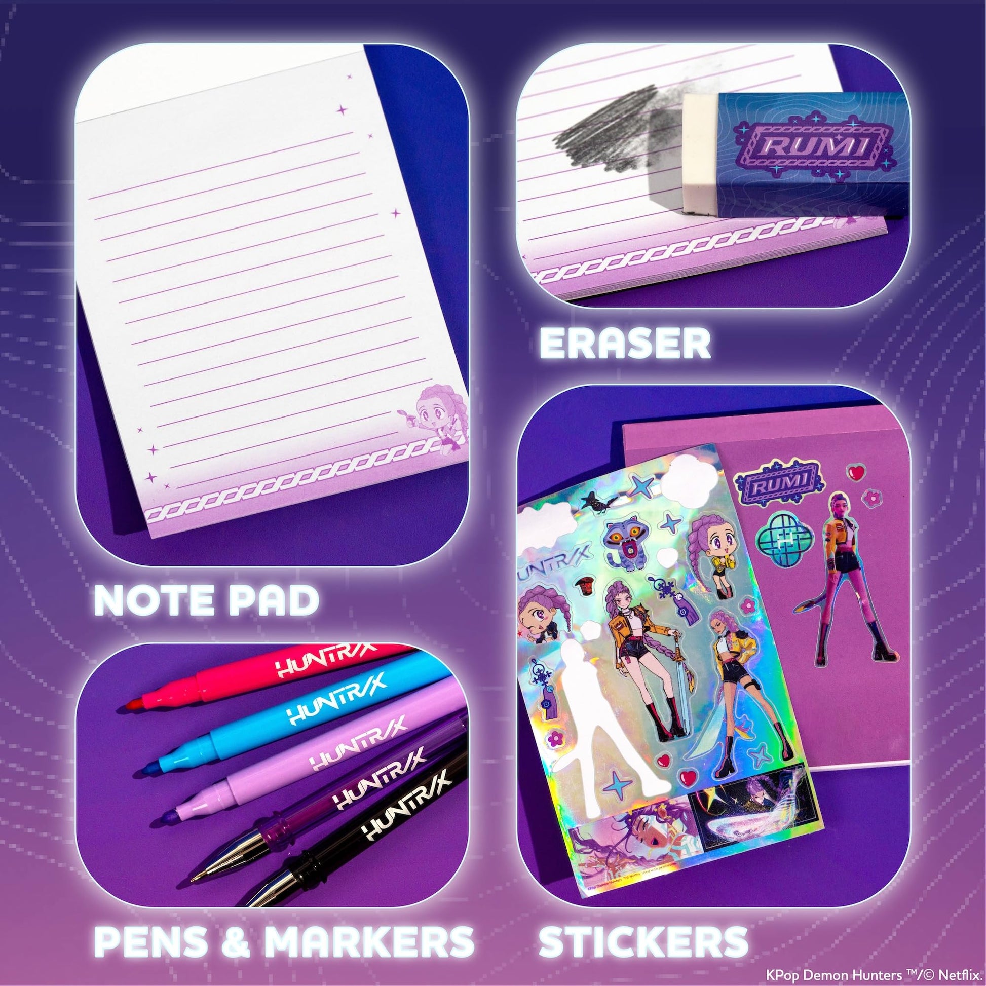 Kpop Demon Hunters™ Rumi Stationery Set with Mini Notebook, Gel Pens, Markers, Eraser, Bonus Kpop Stickers & Cute Storage, Official K Pop Demon