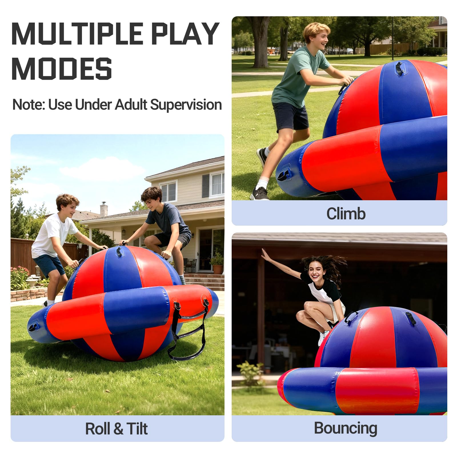 OZIS 6.5x3.6 FT Inflatable Dome Rocker Bouncer with Electric Pump, 380 LBS Weight Capacity, Bounce, Climb & Tilt Toy with 6 Handles, Outdoor Kids