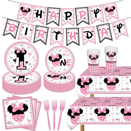 118 Pcs Pink 1st Birthday Party Supplies Girls One Paper Plates Napkins Cups Forks Tablecloth Banner for Girl's 1st Birthday Baby Shower Party