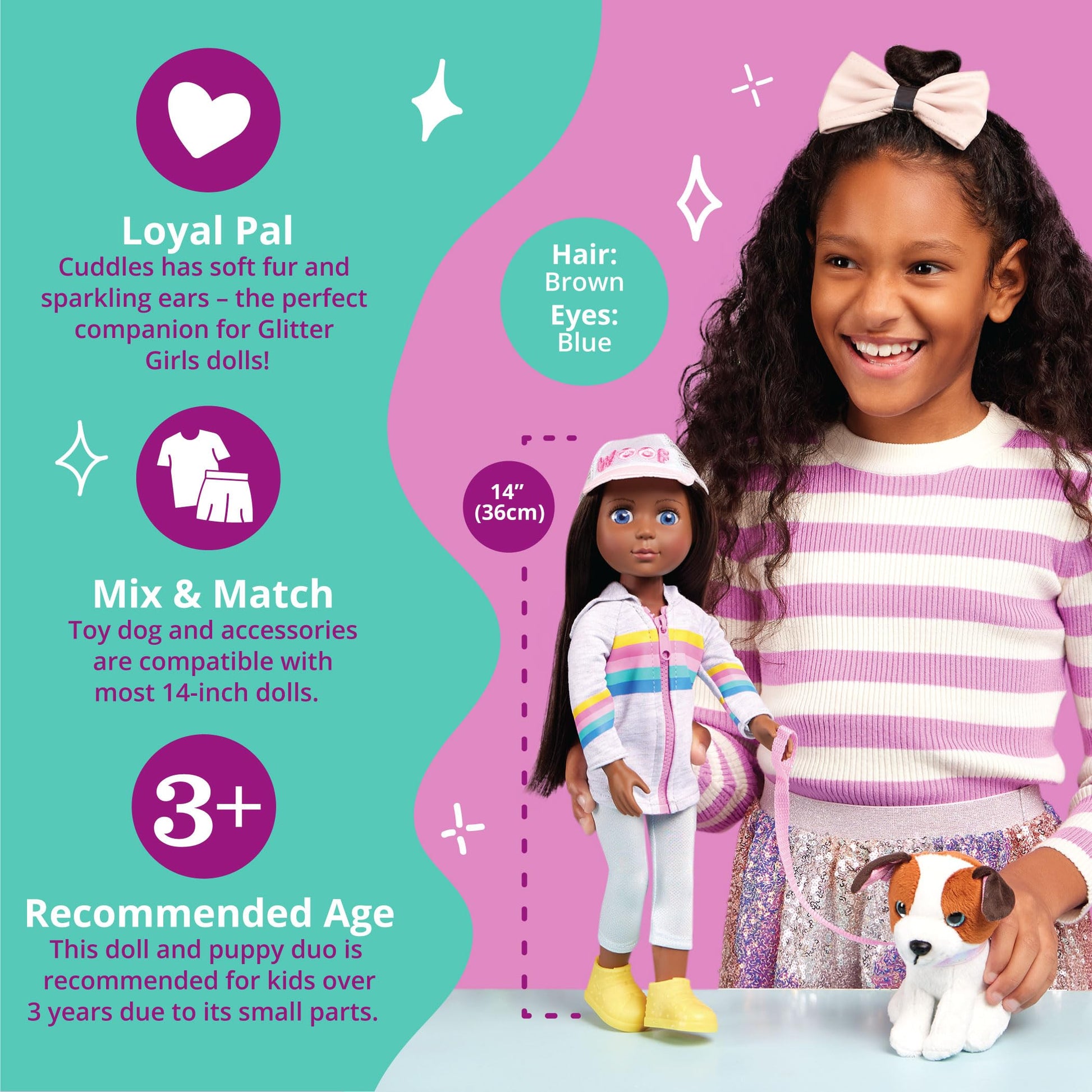 Glitter Girls - 14-Inch Fashion Doll - Brown Hair & Blue Eyes - Plush Dog Pet - Dolls for Girls 3+ Years - Jana & Cuddles
