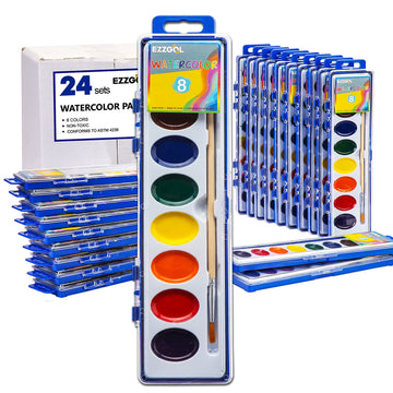 Ezzgol Watercolor Paint Sets Bulk Pack of 24, 8 Colors Washable Paint Sets for Kids, Quality Water Color Wooden Brushes, Perfect for Preschool