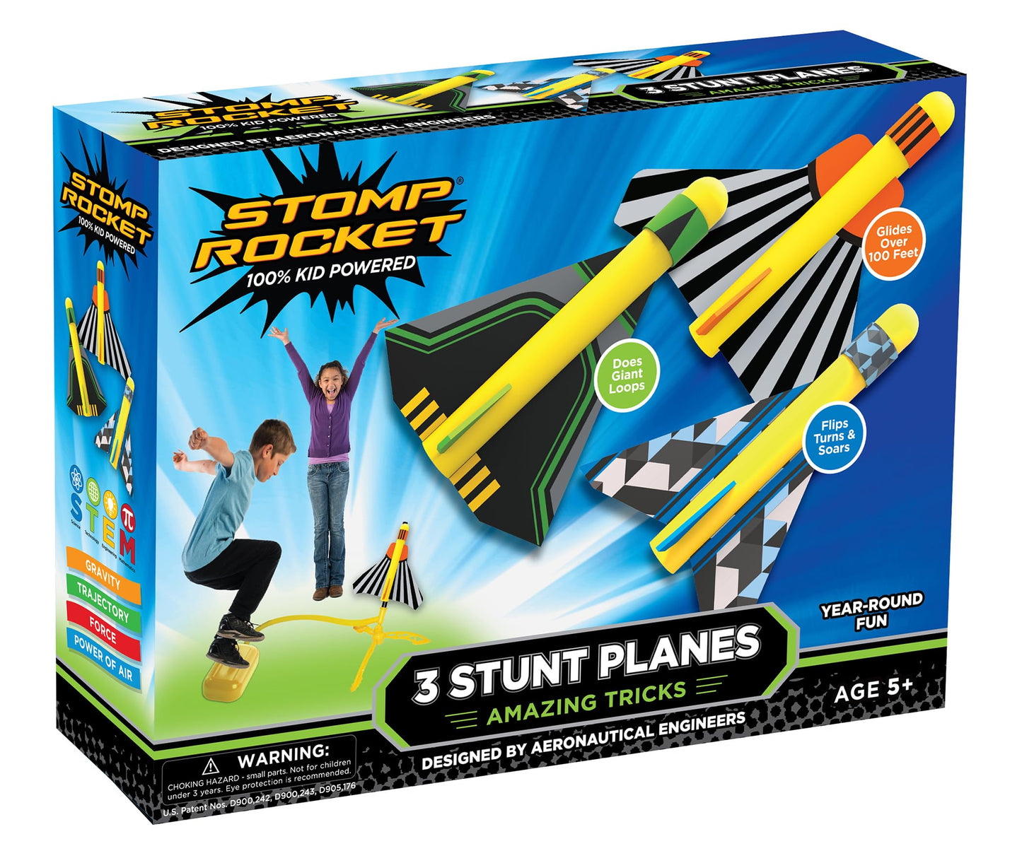 Stomp Rocket Stunt Plane Rocket Launcher Toy for Kids - 3 Foam Airplane Toy