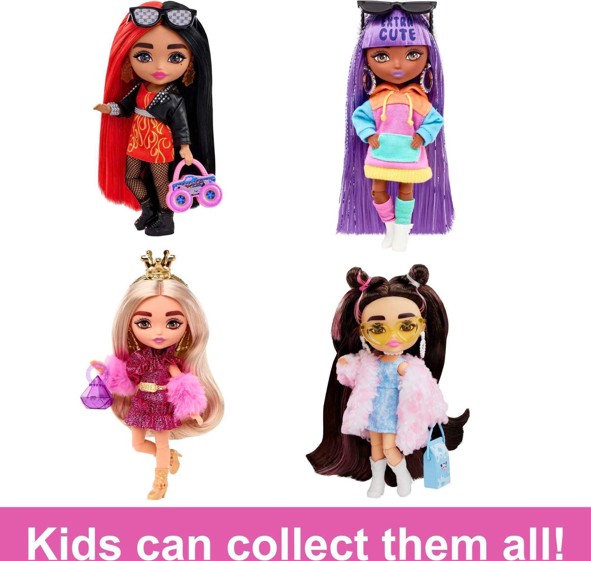 Barbie Extra Minis Doll & Accessories with Purple & Silver Hair Wearing Color-Block Hoodie Dress & Boots, 5.5-inch