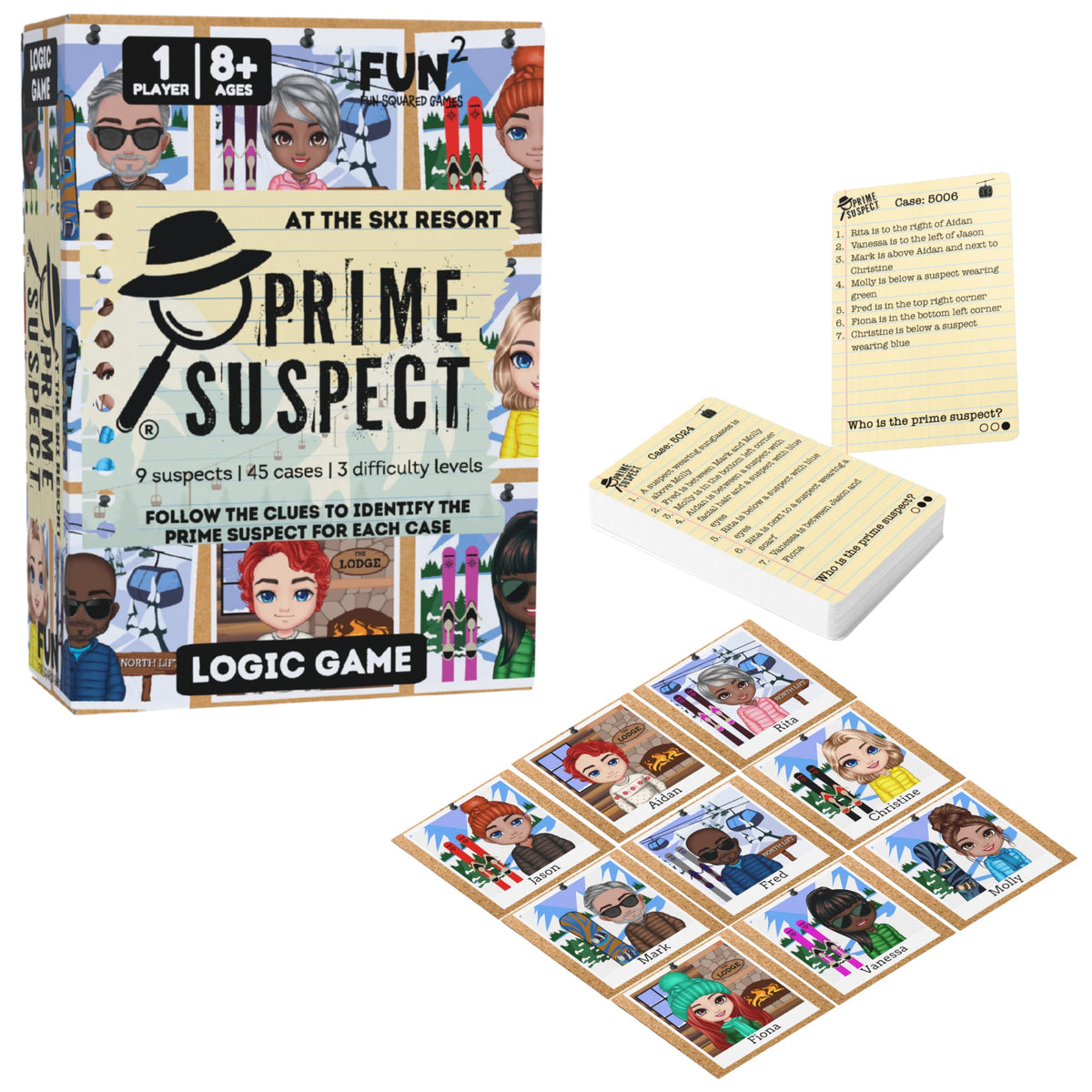 Fun Squared Games Prime Suspect Logic Game with 45 Case Cards | Single Player or Group Play | Ages 8+ | Compact Brain Teaser Game | Detective Game