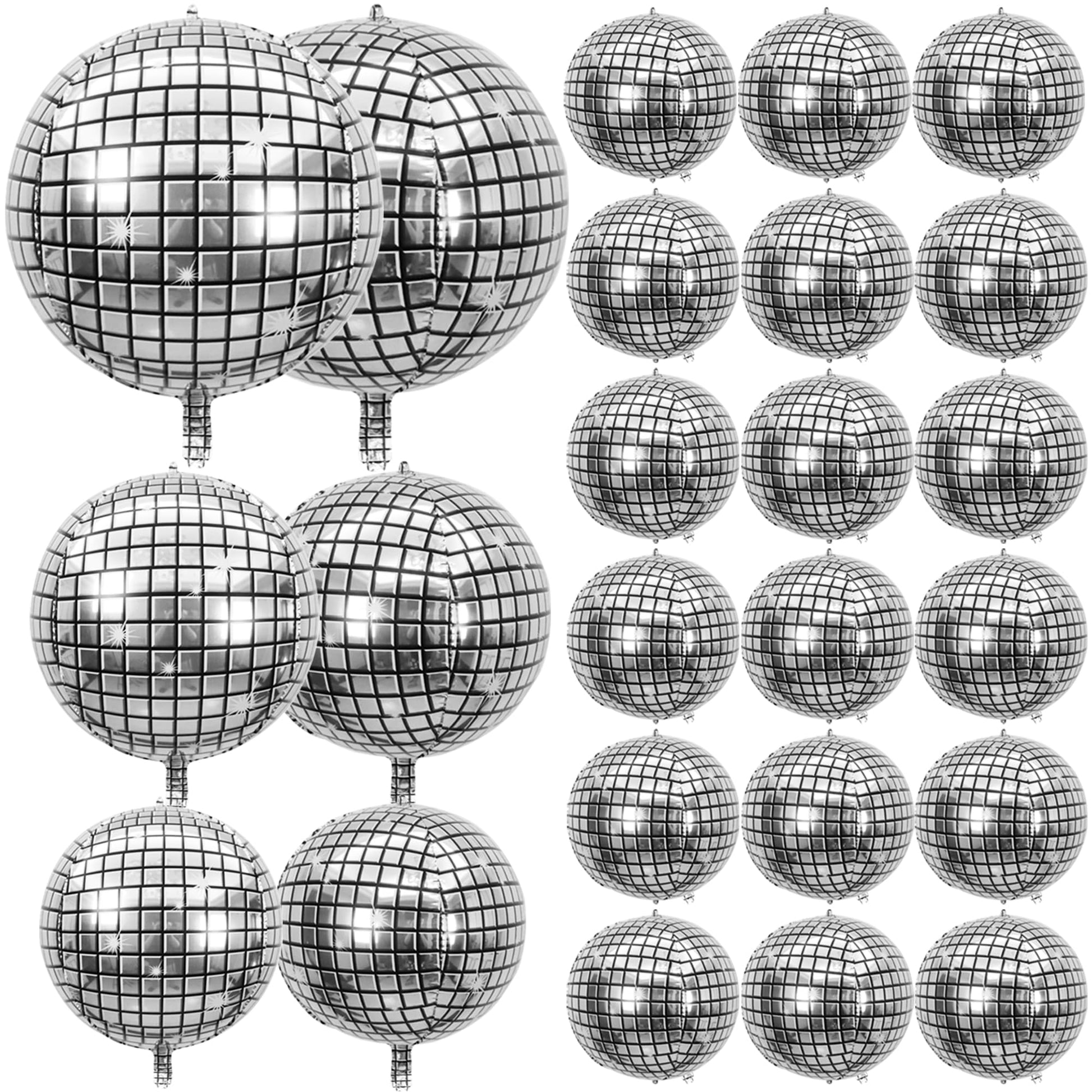 24 PCS Disco Ball Balloons Different Sizes- 4D Large Disco Balloons 10 Inch 15 Inch 18 Inch 22 Inch Assorted Round Metallic Silver Disco Balloons