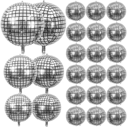 24 PCS Disco Ball Balloons Different Sizes- 4D Large Disco Balloons 10 Inch 15 Inch 18 Inch 22 Inch Assorted Round Metallic Silver Disco Balloons