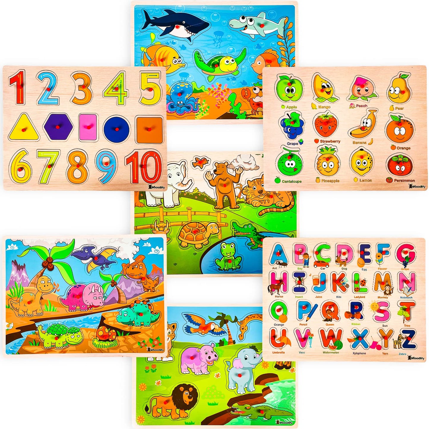 7 Pack Wooden Puzzles for Toddlers 2 3 4 5 Years Old - 7 Colorful Chunky Wood Peg Puzzles for Kids Ages 2-5, Alphabet Shape Numbers Fruits Sea Animals