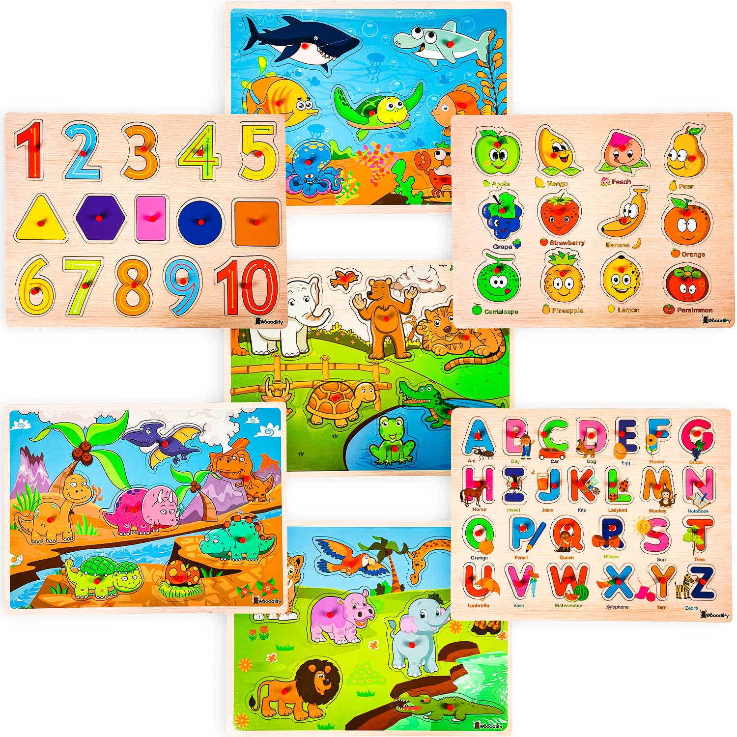 7 Pack Wooden Puzzles for Toddlers 2 3 4 5 Years Old - 7 Colorful Chunky Wood Peg Puzzles for Kids Ages 2-5, Alphabet Shape Numbers Fruits Sea Animals