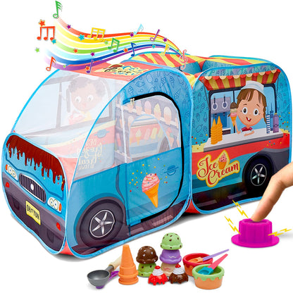 Kiddzery Ice Cream Truck Play Tent for Kids - Pretend Play Toy Food Set - Pop Up Icecream Playhouse Toys with Music Button - Birthday Gift for Girls