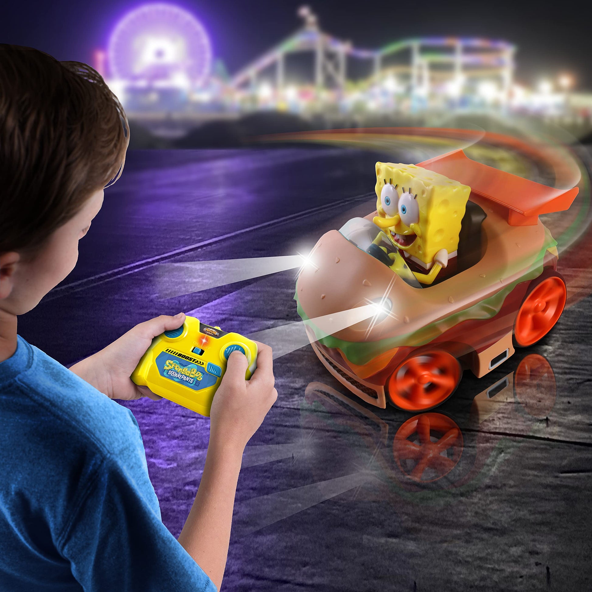 NKOK Spongebob Krabby Patty RC Car with Lights & Turbo Boost, Ages 6+