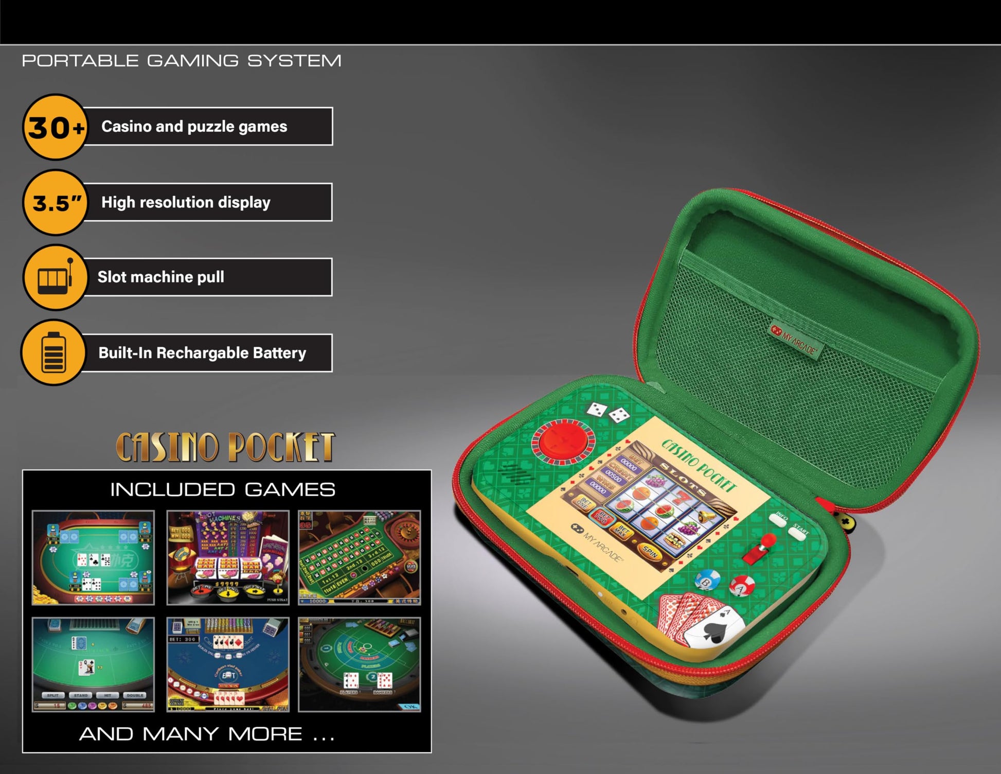 My Arcade Casino Pocket: Retro Casino Arcade, 30 Preloaded Games, Rechargeable Battery, Includes Travel Case