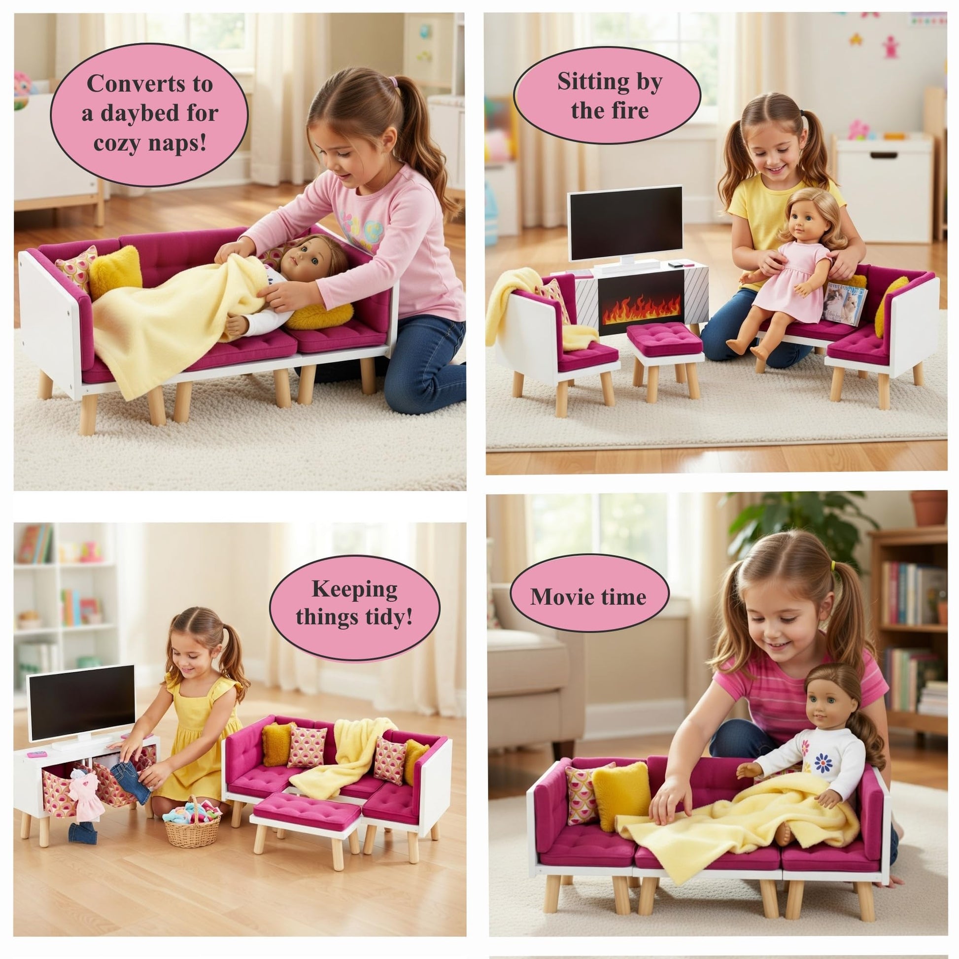 Emily Rose 18 Inch Doll Living Room Furniture Set - 19 Piece Wooden Convertible Sectional Sofa Daybed with TV, Fireplace, No-Slip Cushions &