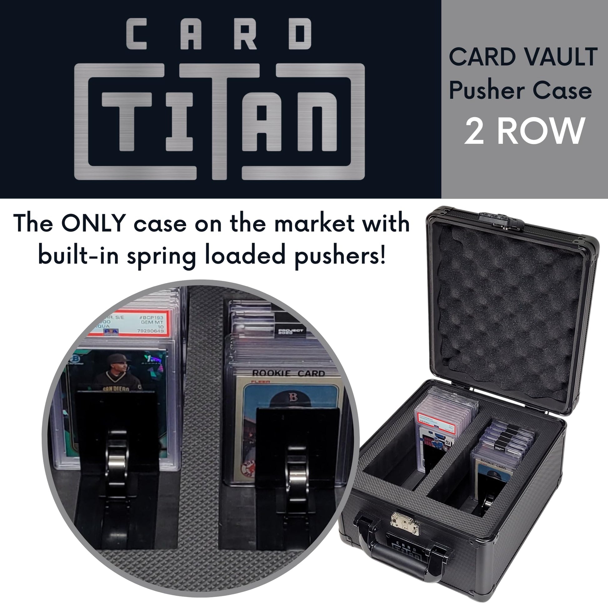 Card Titan Vault Trading Card Storage Box - Lockable Sports Cards Hard Case with Spring-Loaded Pushers for Top Loaders & Graded Cards - 2 Row