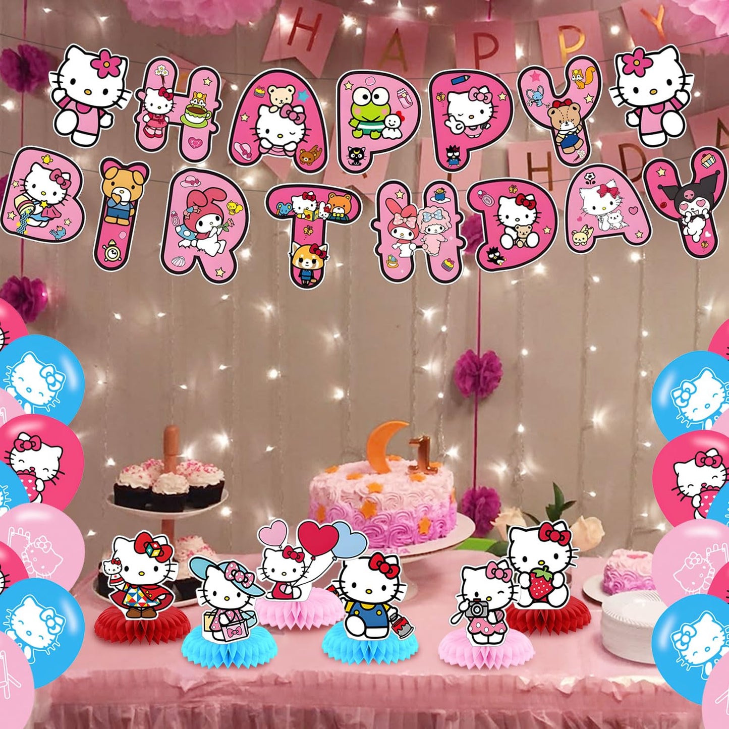 Hello Cat Birthday Party Decorations,Kitty Party Supply Set for Kids with Happy Birthday Banner, Swirls,Centerpieces,24 Balloons for Kitty Cat Party