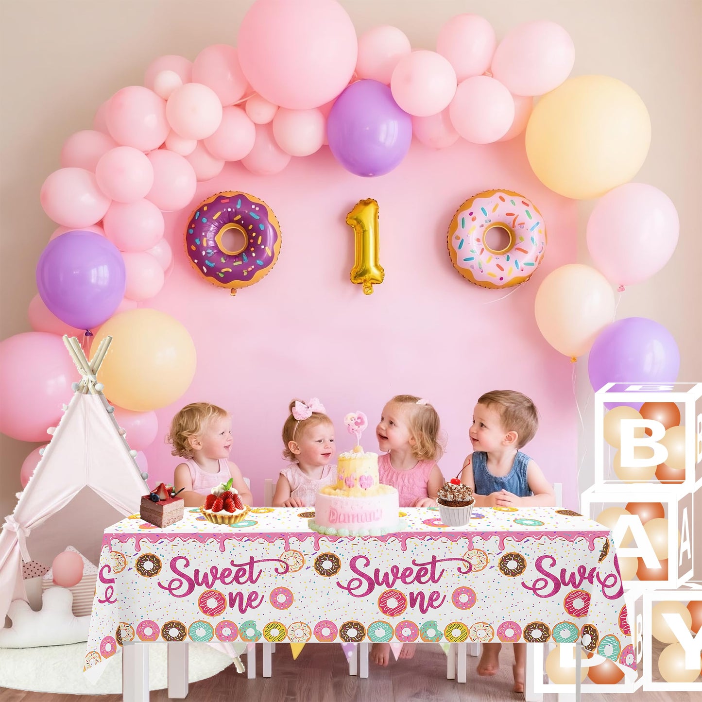 hanviync 3pcs Sweet One Donut Party Tablecloth Donut 1st Party Decorations,1 Year Old Birthday Decorations,Donut First Birthday Decorations