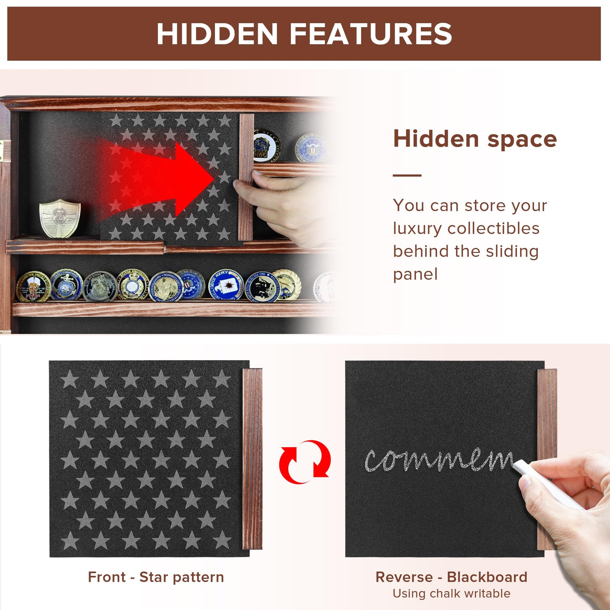 MOCAS Challenge Coin Display Case, Lockable Military Coin Holder Cabinet with Removable Star Board & HD Tempered Glass Door, Solid Wood Wall Mount