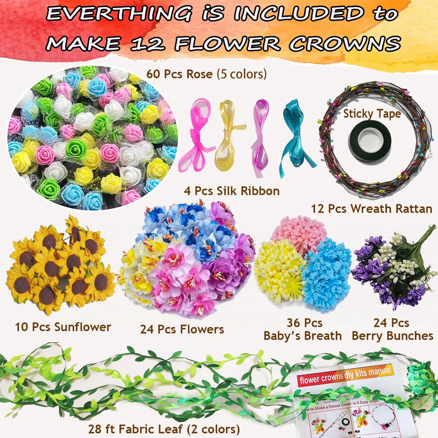 WUBOMJIO Flower Crowns Craft Kit, Make Your Own 12 PCs Floral Crowns Garland Handmade Arts and Crafts Kit, DIY Fairy Flower Headbands