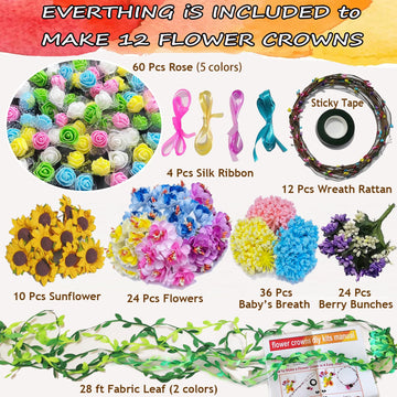 WUBOMJIO Flower Crowns Craft Kit, Make Your Own 12 PCs Floral Crowns Garland Handmade Arts and Crafts Kit, DIY Fairy Flower Headbands