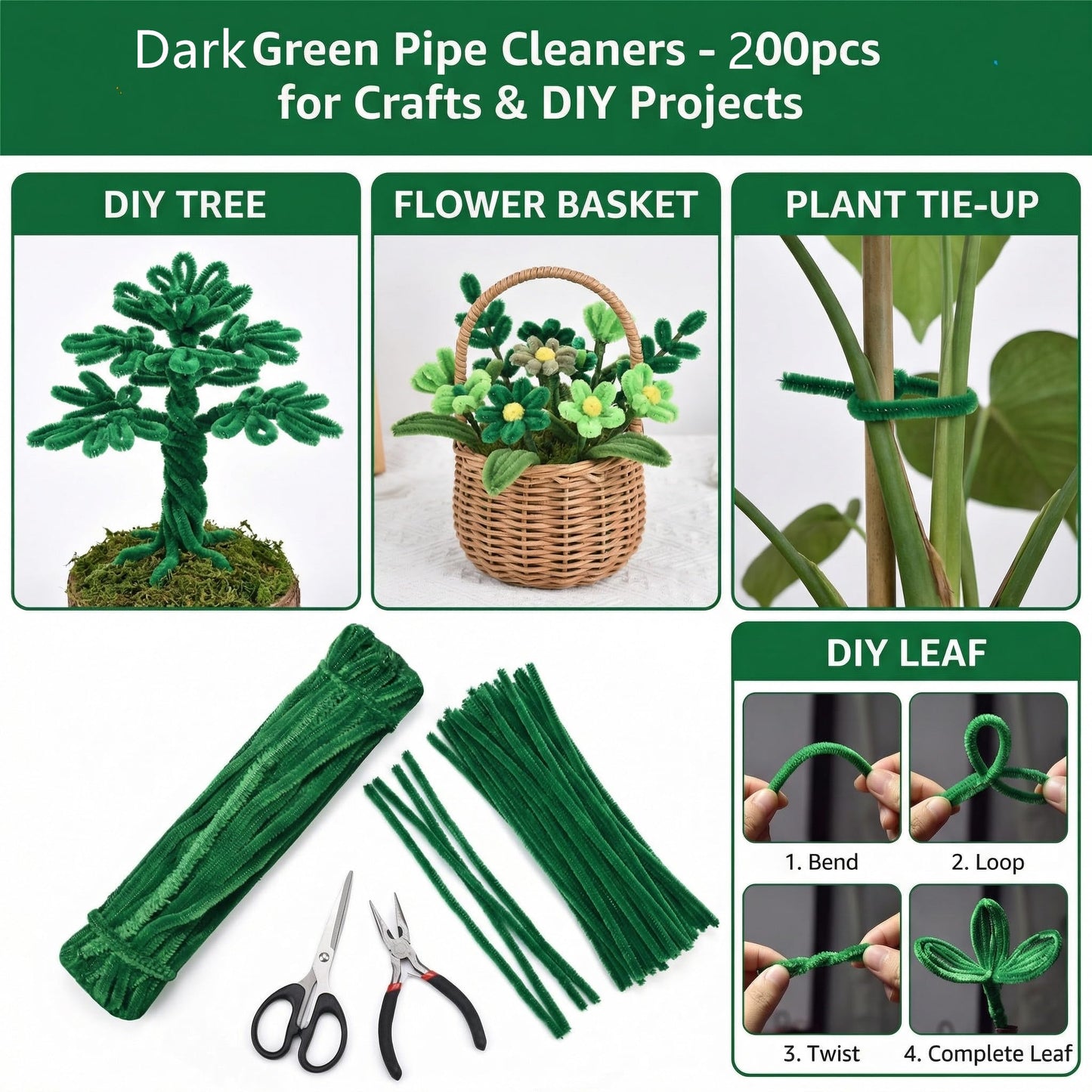 Dark Green Pipe Cleaners Chenille Stems (200 Pack) for DIY Art Craft Decorations Creative (12 in x 0.24 in)