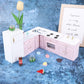 Haomian 1:12 Scale Dollhouse Kitchen Furniture Set, Pink Wooden Miniature L-Shaped Kitchen Cabinets with Fridge Sink Stove, Doll House Kitchen