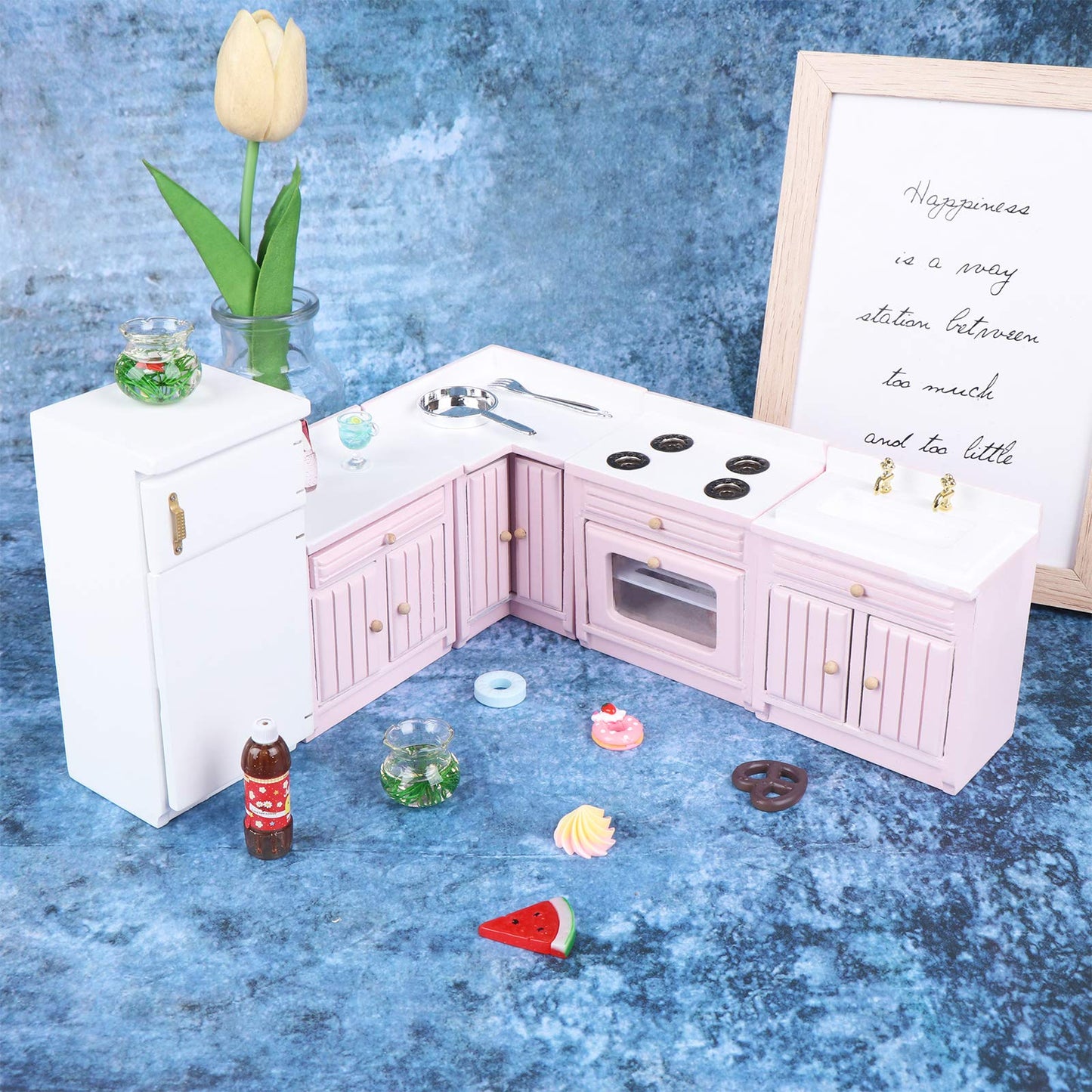 Haomian 1:12 Scale Dollhouse Kitchen Furniture Set, Pink Wooden Miniature L-Shaped Kitchen Cabinets with Fridge Sink Stove, Doll House Kitchen