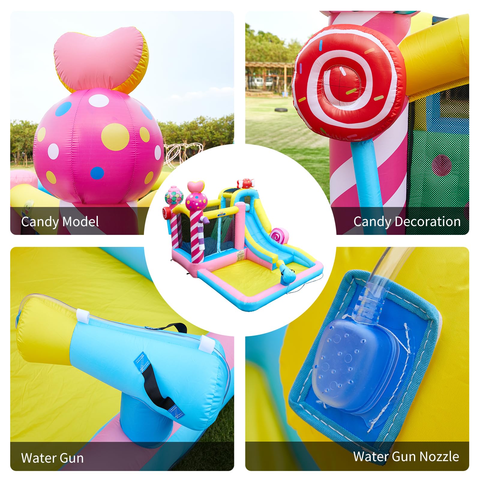 Inflatable Water Slide Bounce House for Kids,Candy Style,Bouncy Castle W/Air Blower, Splash Pool, Climbing Wall, Water Cannon, 840D Oxford, Birthday