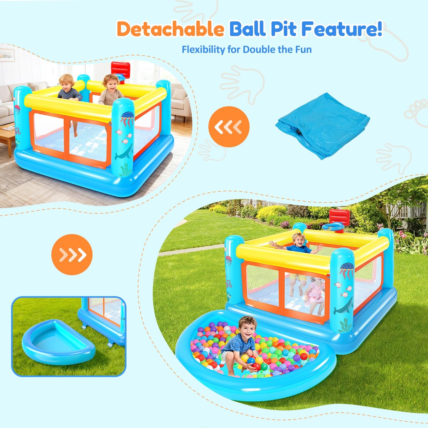 AKEYDIY Bounce House for Kids 3-6, Indoor/Outdoor Inflatable Bouncy Castle with Removable Ball Pit, Hopscotch Game, Basketball Hoop & Air Blower