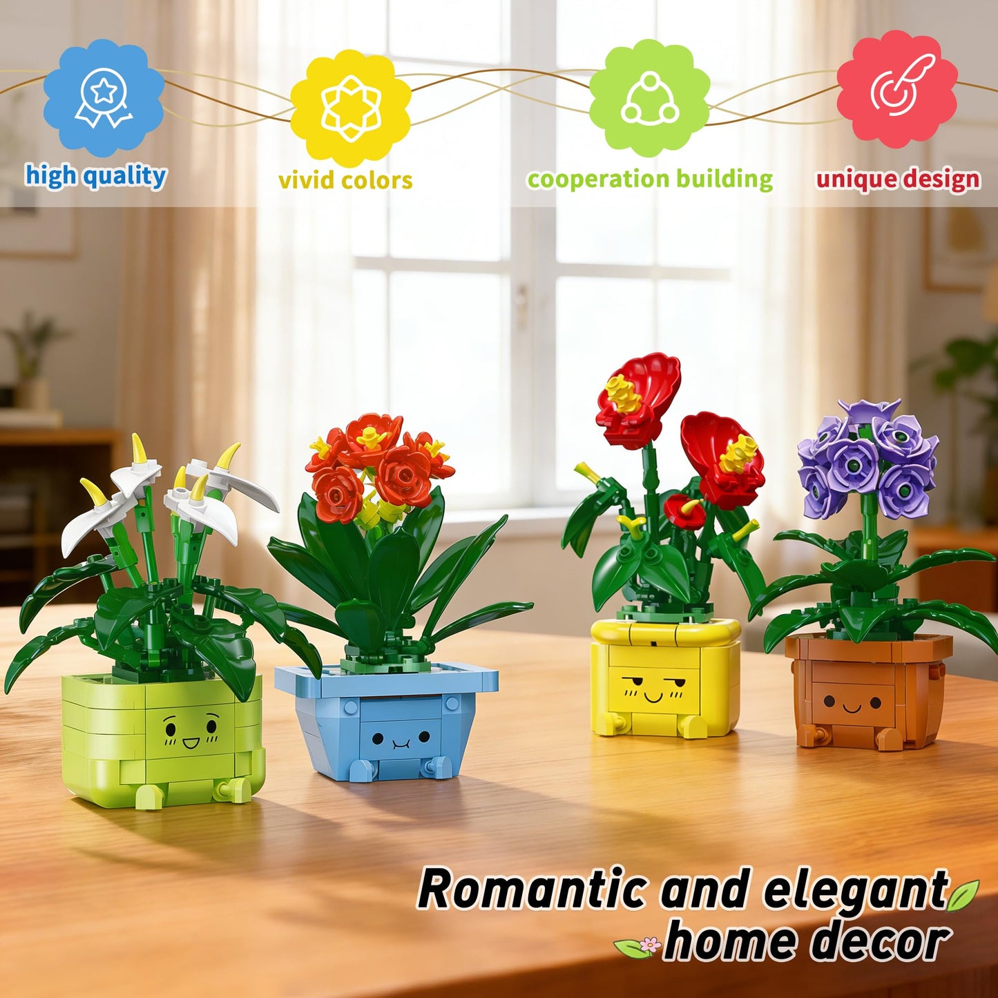 WIDELAND Flower Building Kit for Adults, 614 Pcs Happy Plants Flowers Set, Succulents Botanical Collection for Home Office Décor, Gift for Valentine's