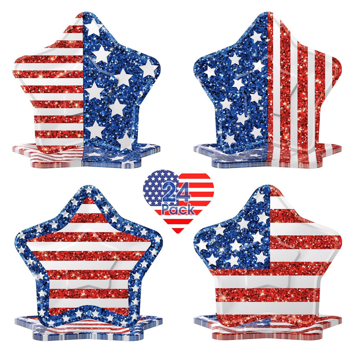 24 Pcs 4th of July Paper Plates - American Flag Patriotic Plate, Disposable Red White and Blue Star Shaped Dinner Dessert Plates Tableware for July