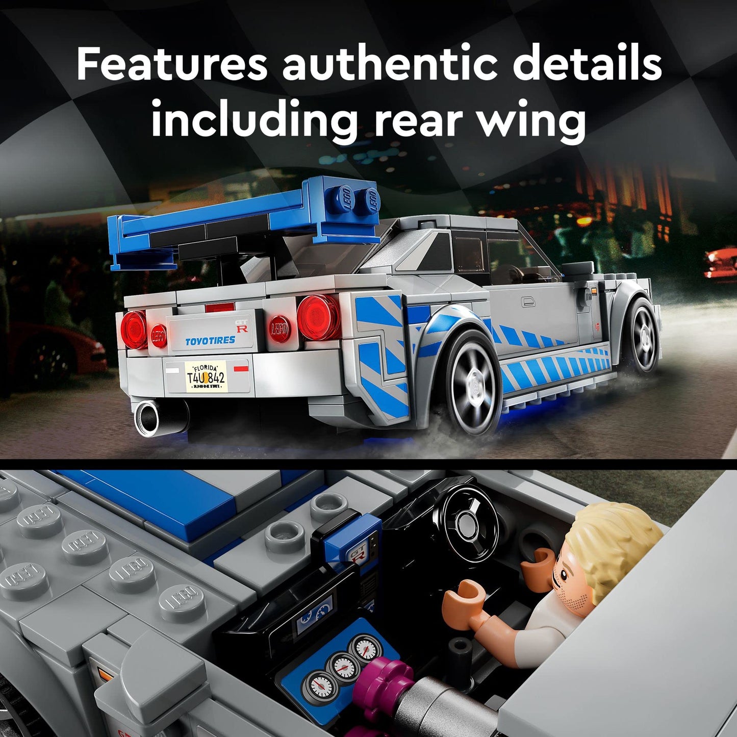 LEGO Speed Champions 2 Fast 2 Furious Nissan Skyline GT-R (R34), Race Car Toy Model Building Kit, Collectible with Racer Minifigure, 2023 Set