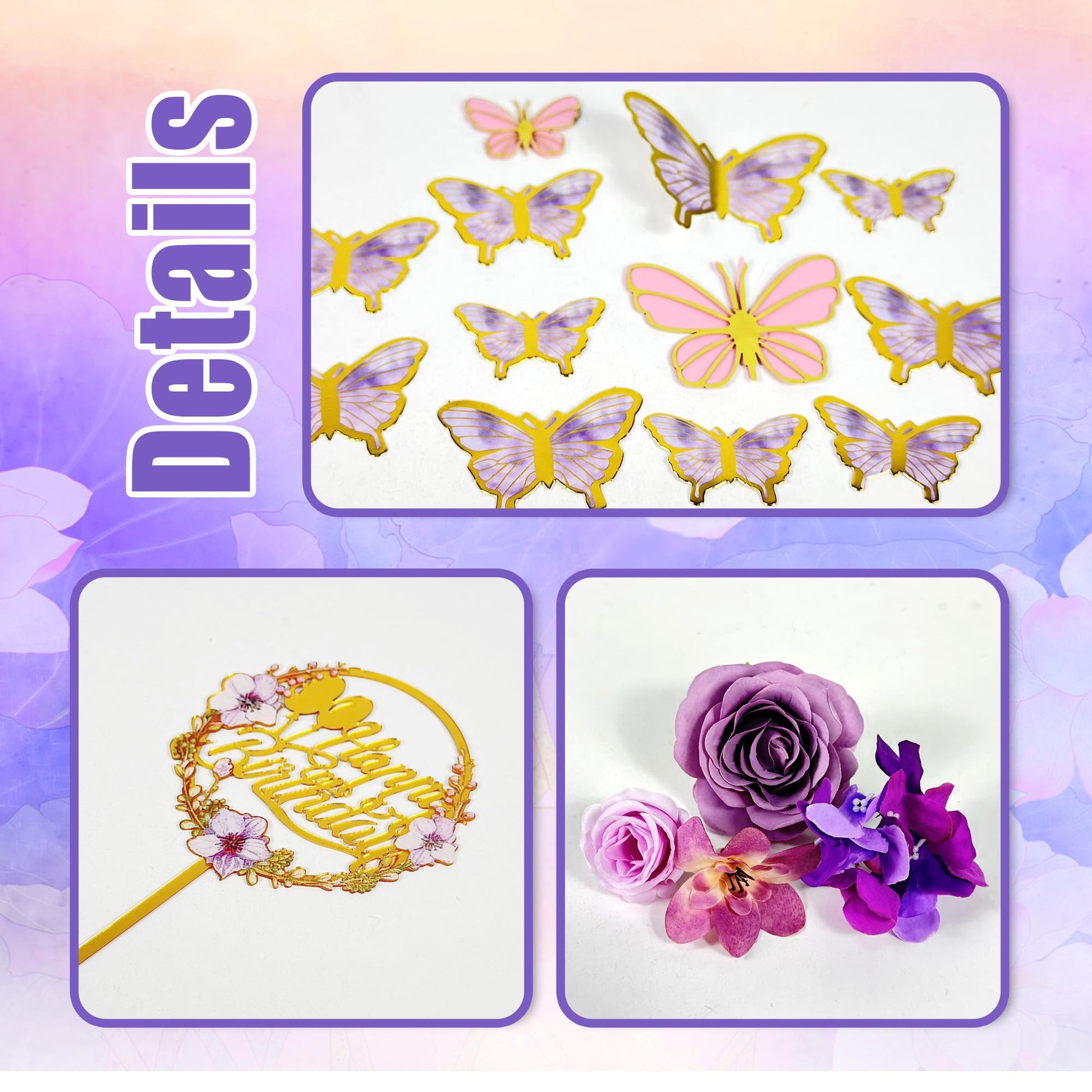 Flower Cake Topper Purple Cake Decorations with Artificial Flowers Butterfly Balls for Wedding Birthday