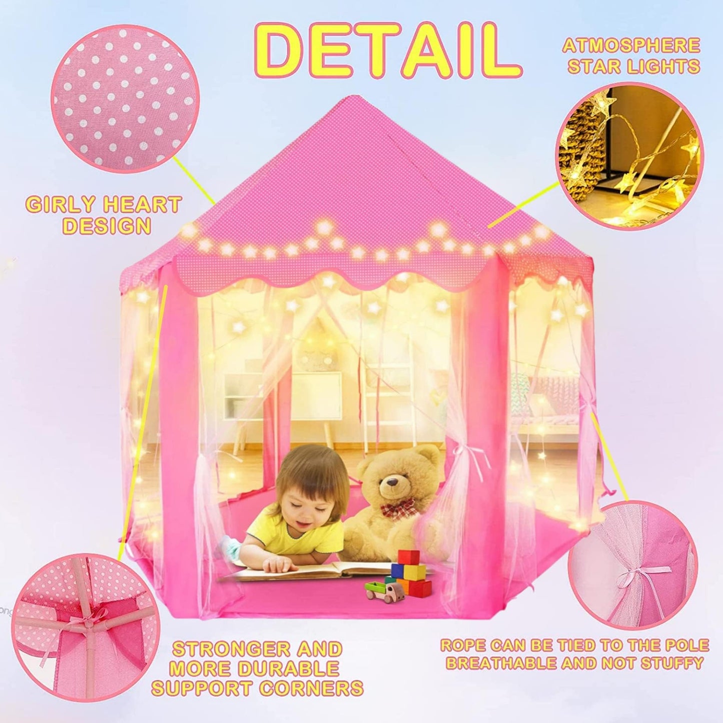 Kid's Play Tent, 55" x 53" (DxH) Princess Tent for Girl, with Star Lights