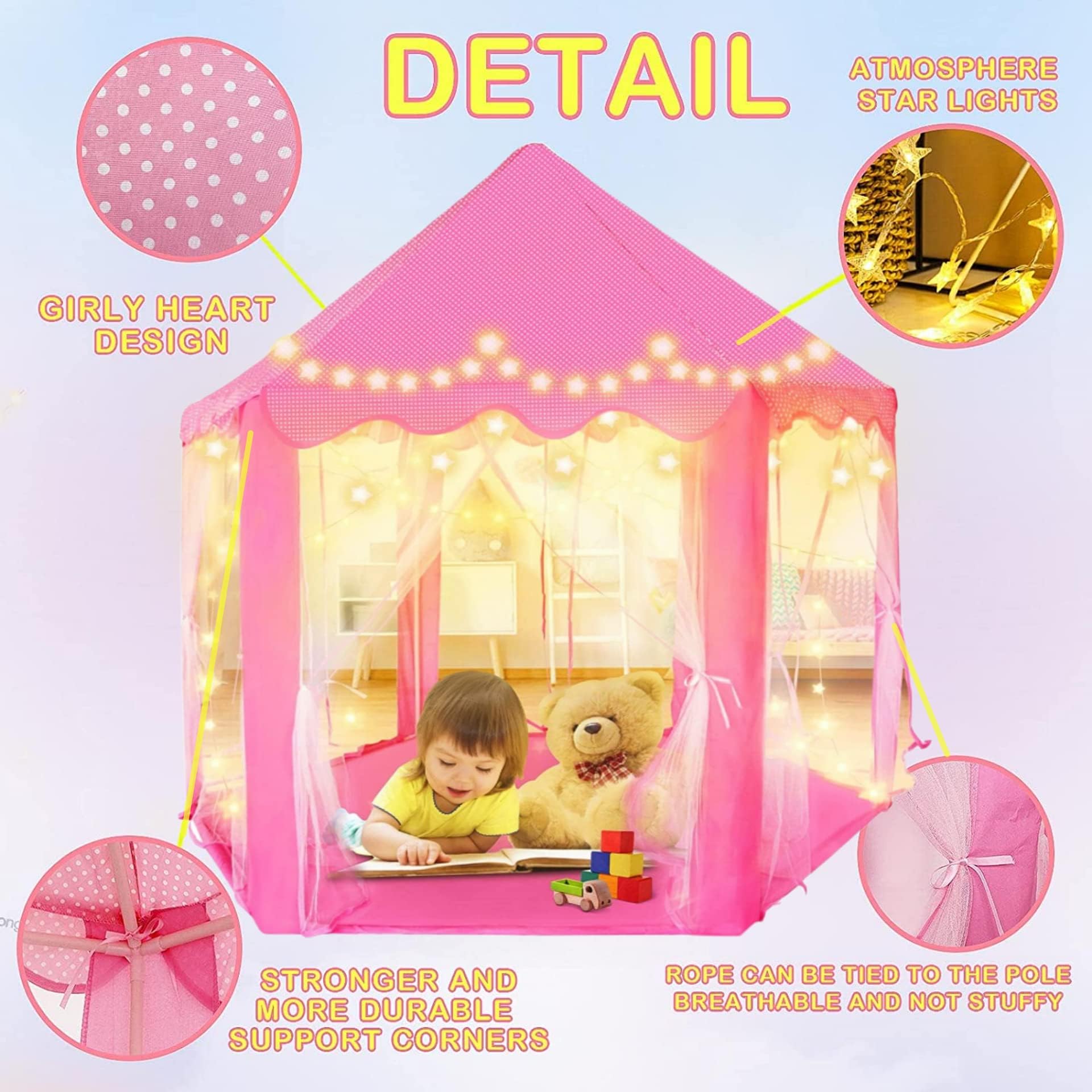 Kid's Play Tent, 55" x 53" (DxH) Princess Tent for Girl, with Star Lights