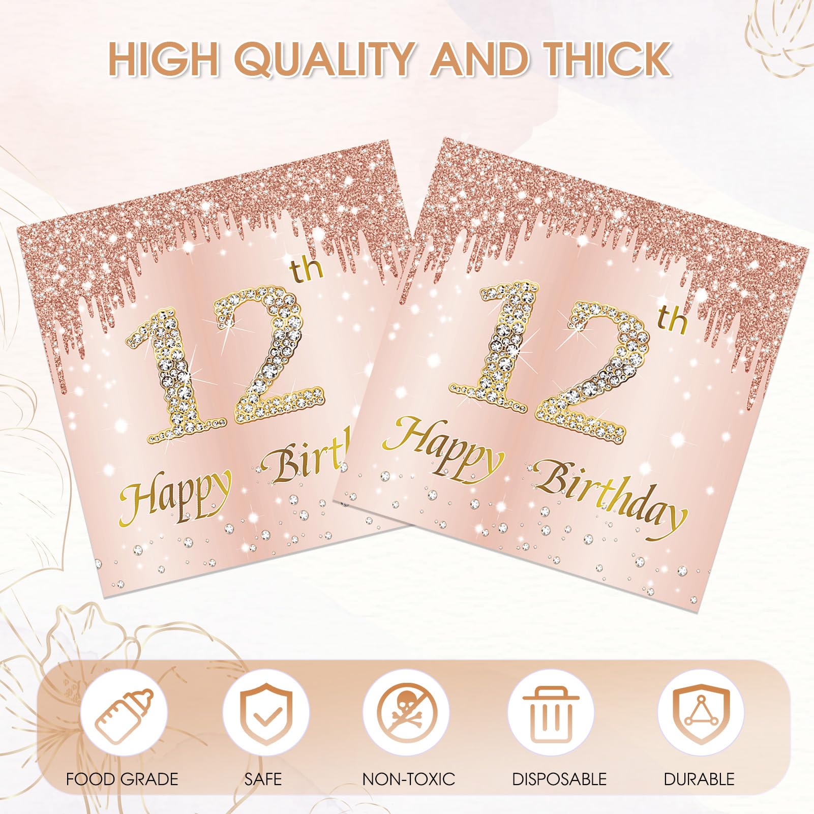 12th Birthday Decorations for Girls,40 Pcs Rose Gold 12th Birthday Napkins,13x13 Inches Disposable Party Tableware,Perfect for 12 Year Old Girl
