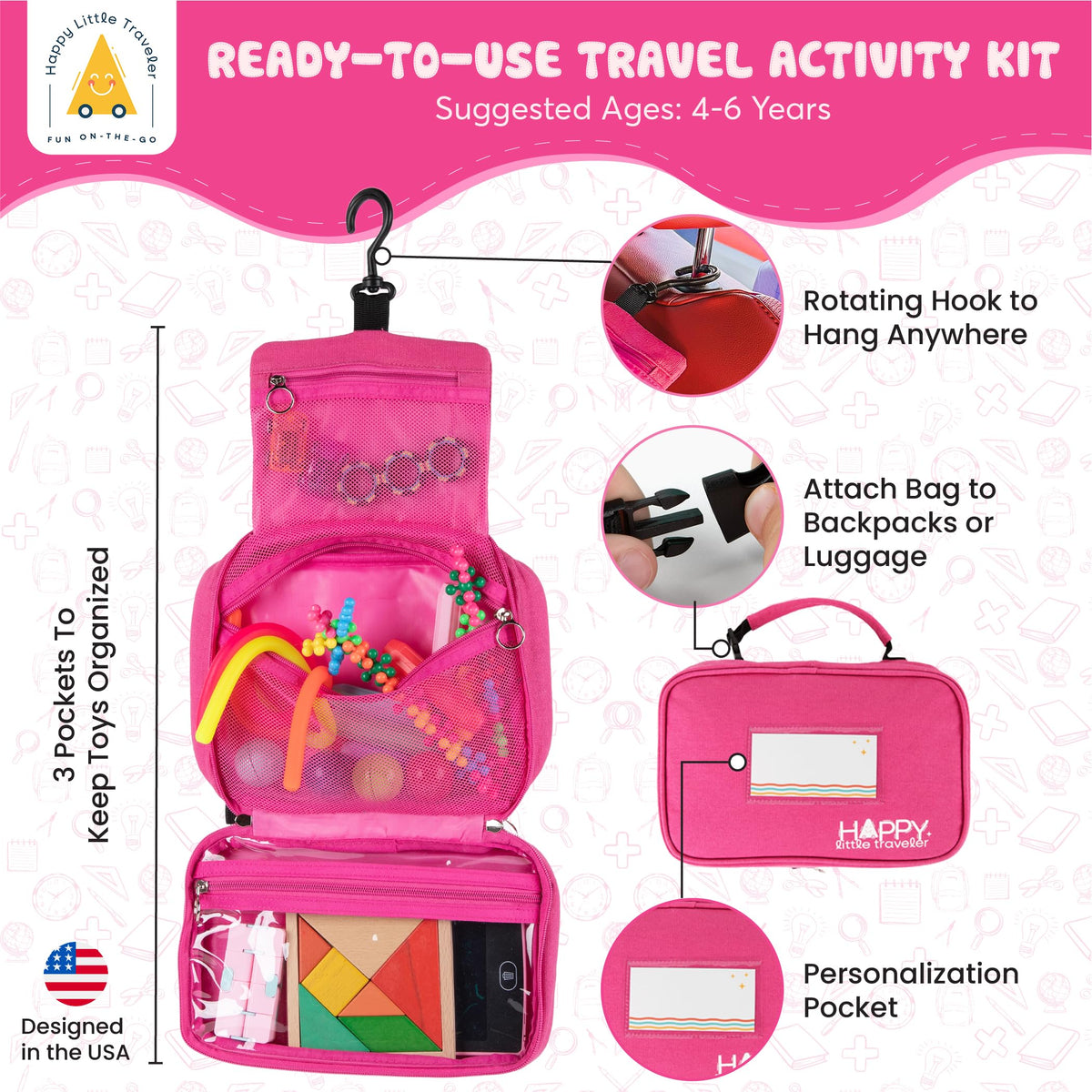 Travel Essentials for Kids - All-in-One Hanging Bag with Kid Toys, Road Trip Activities for Kids, Sensory Toys & Travel Games for Airplane Trips, Car