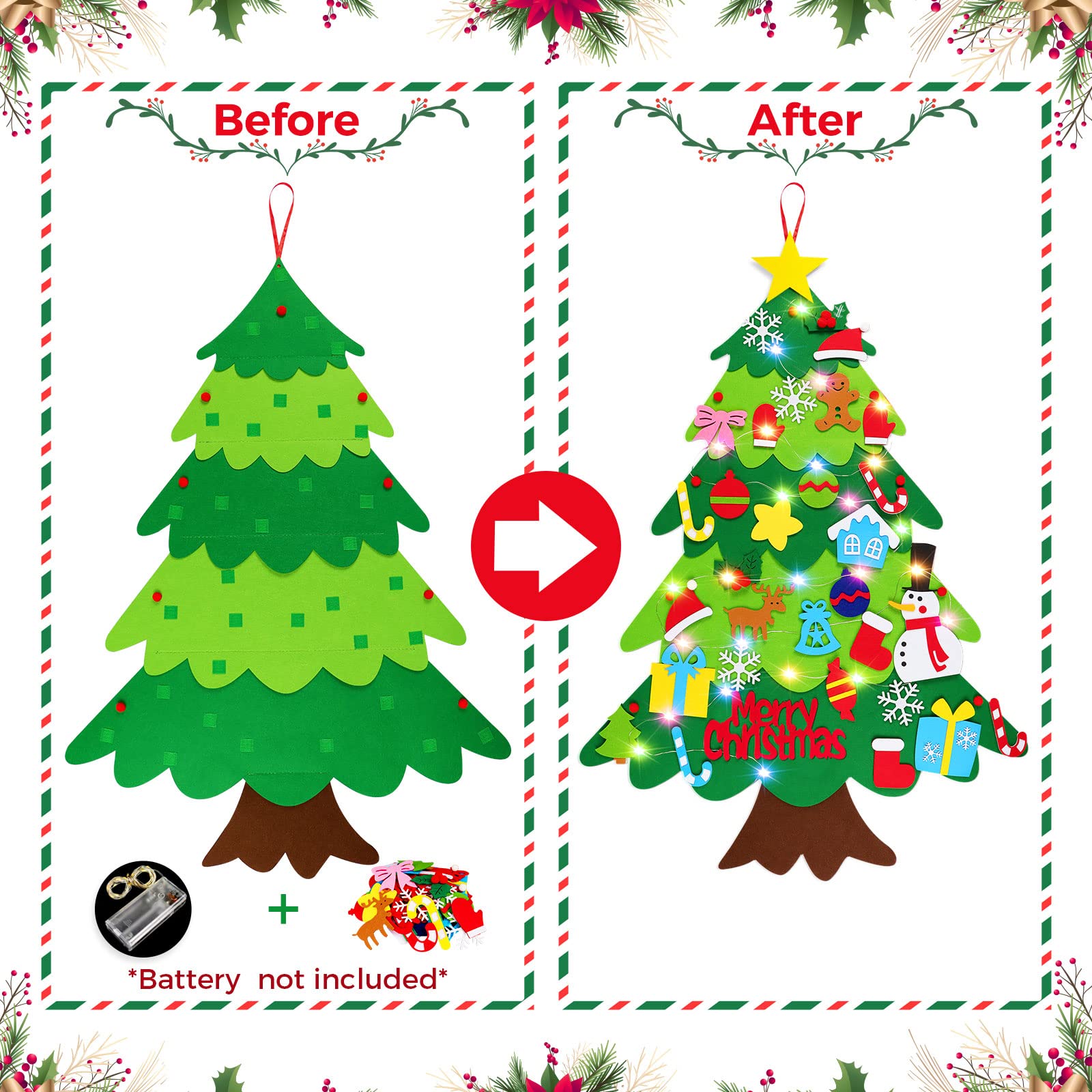 DIY Felt Christmas Tree with 32 Pcs Detachable Ornaments 1 LED String Light
