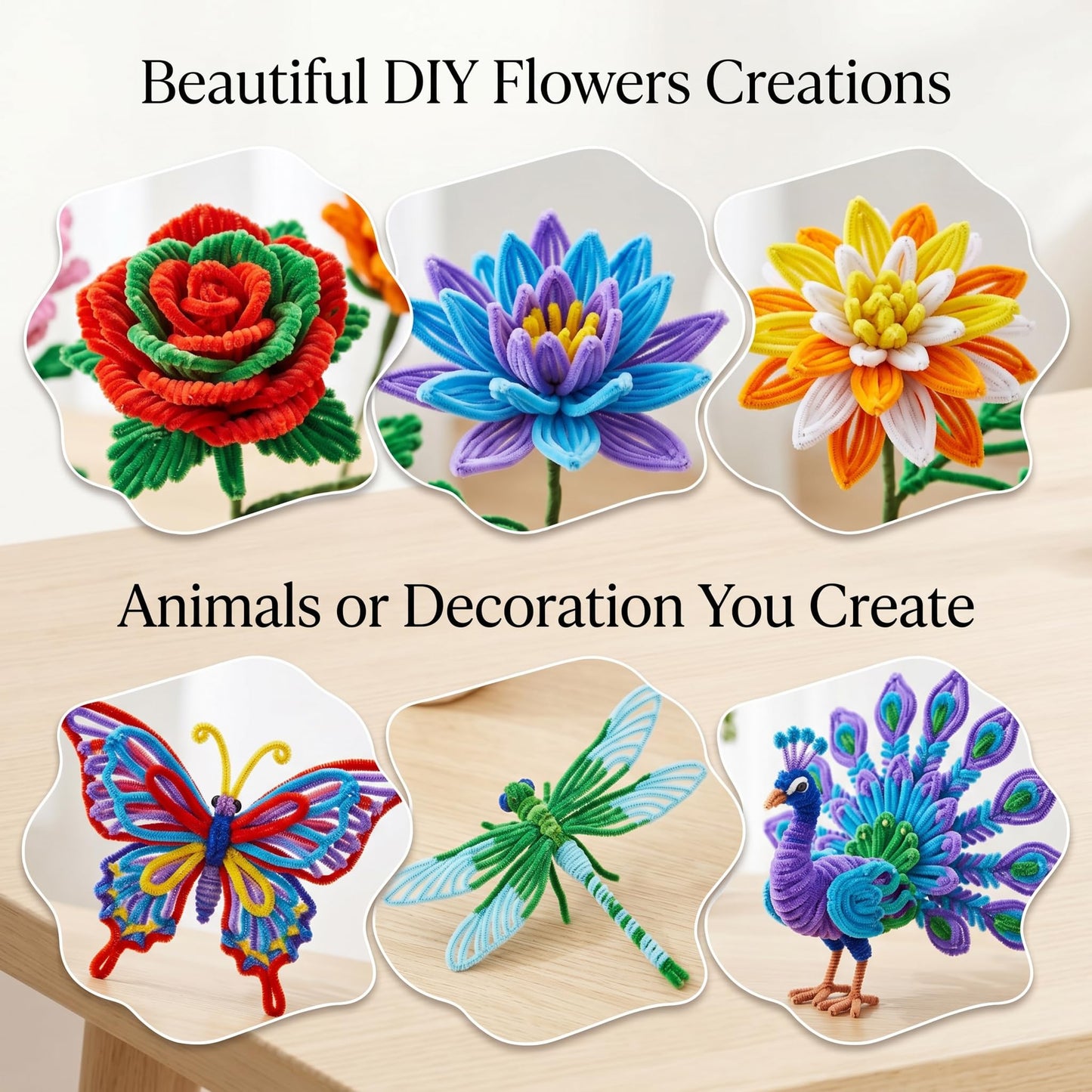 800 PCS Pipe Cleaners Flower Kit - 8 Colors Thickened Chenile Stems Craft Kit with Stems, Tape, Stamens, Manual, Greeting Card, Beauty DIY Flowers