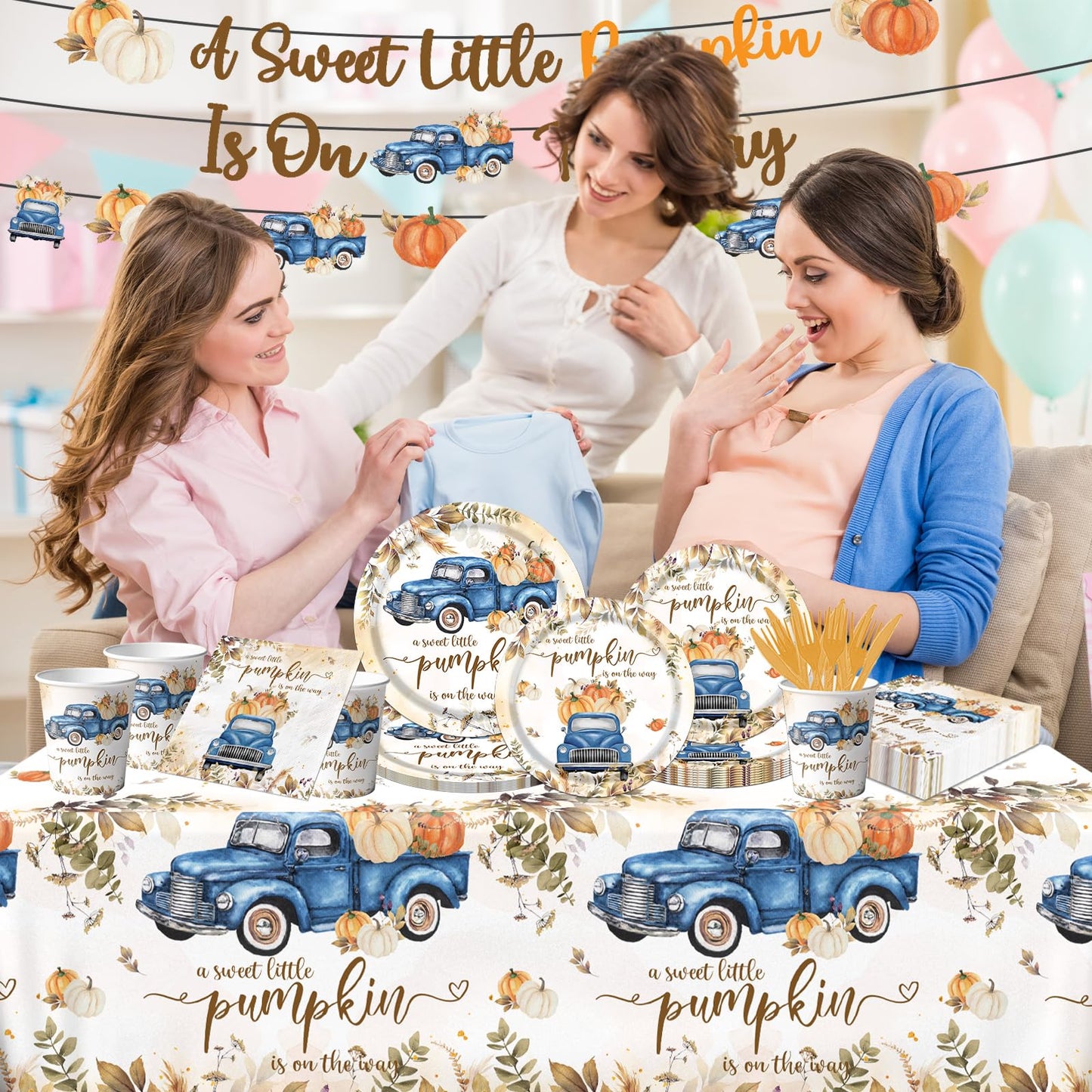 Little Pumpkin Baby Shower Decorations, 142pcs A Sweet Little Pumpkin Is On The Way Banner Pumpkin Plates and Napkins Boy Blue Truck Boho Thanksgiving