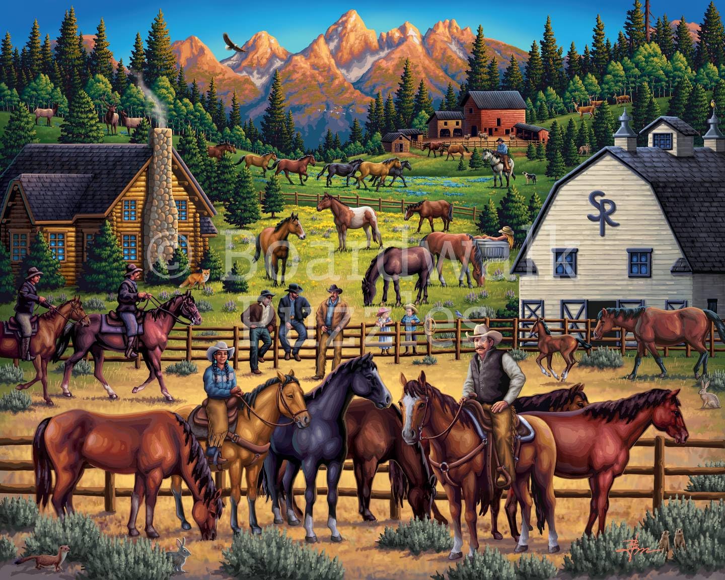 Boardwalk Sunrise Ranch 500 Piece Jigsaw Puzzle Scenic Mountain Horses Puzzles with Premium Box, Gift for Adults and Family 16"x20"