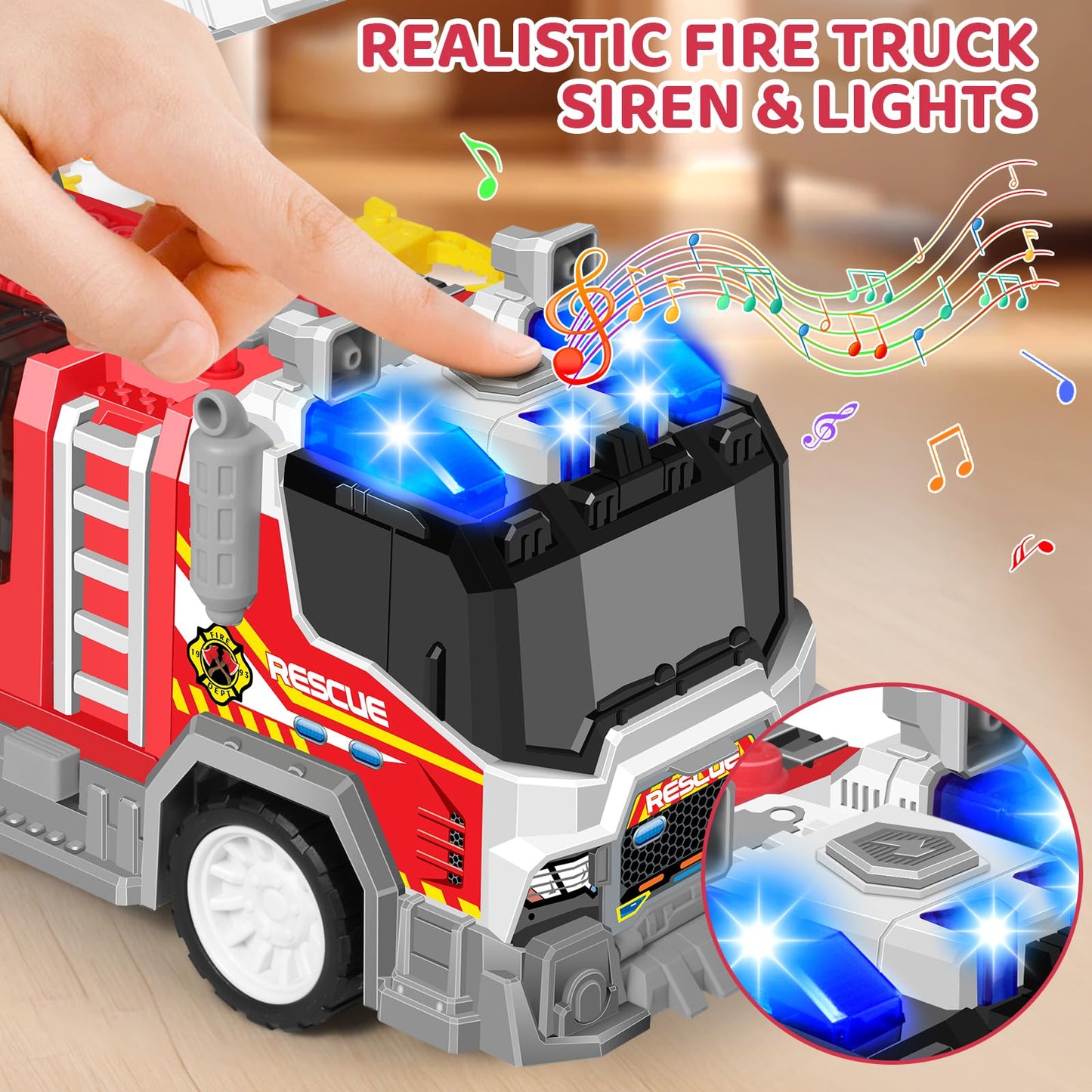 Big Fire Trucks for Toddlers 3 4 5 6 7 with 2PCS Ejecting Race Cars 18-Inch Ladder Lights Sprinkler Pump & Water Shooting Big Emergency Vehicle