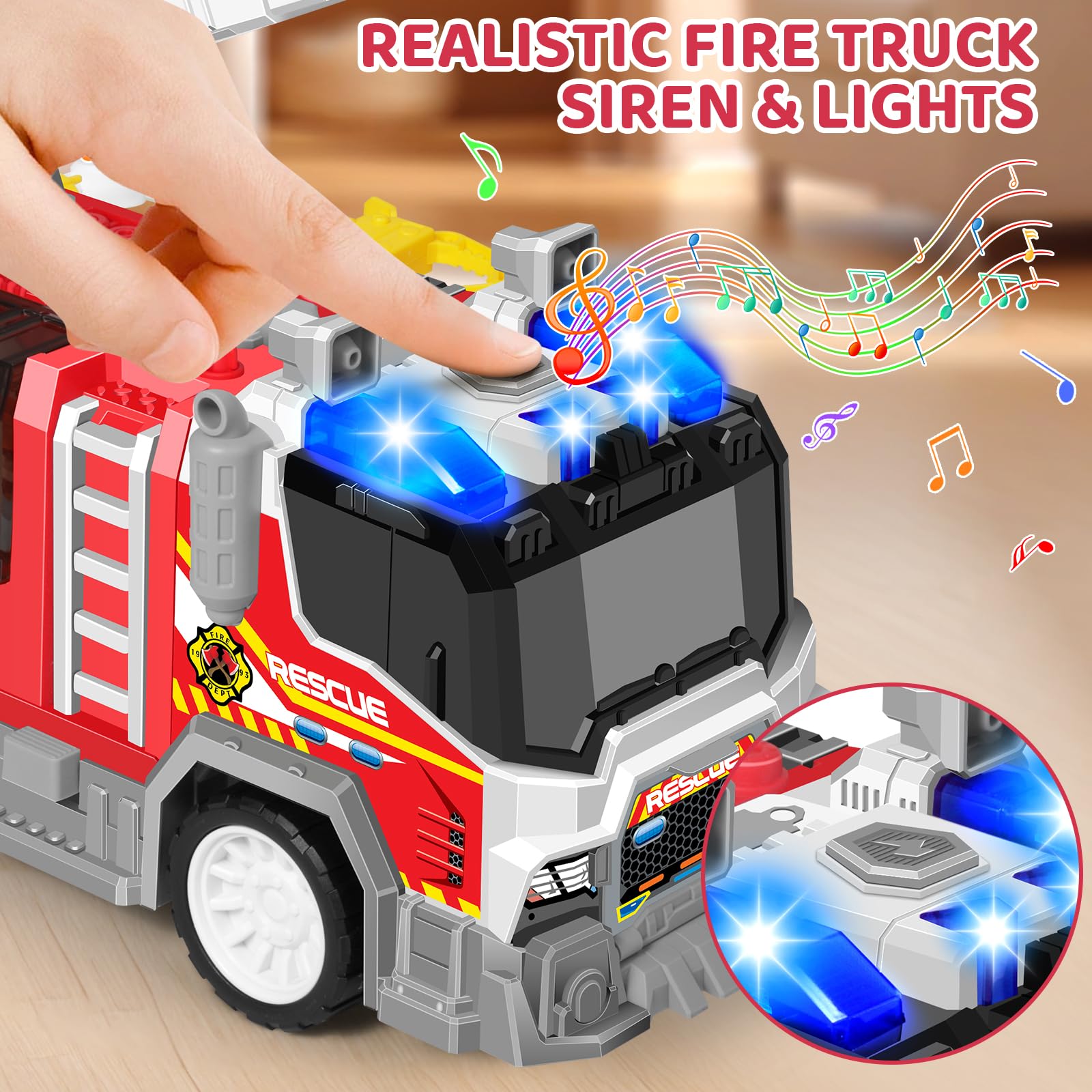 Big Fire Trucks for Toddlers 3 4 5 6 7 with 2PCS Ejecting Race Cars 18-Inch Ladder Lights Sprinkler Pump & Water Shooting Big Emergency Vehicle